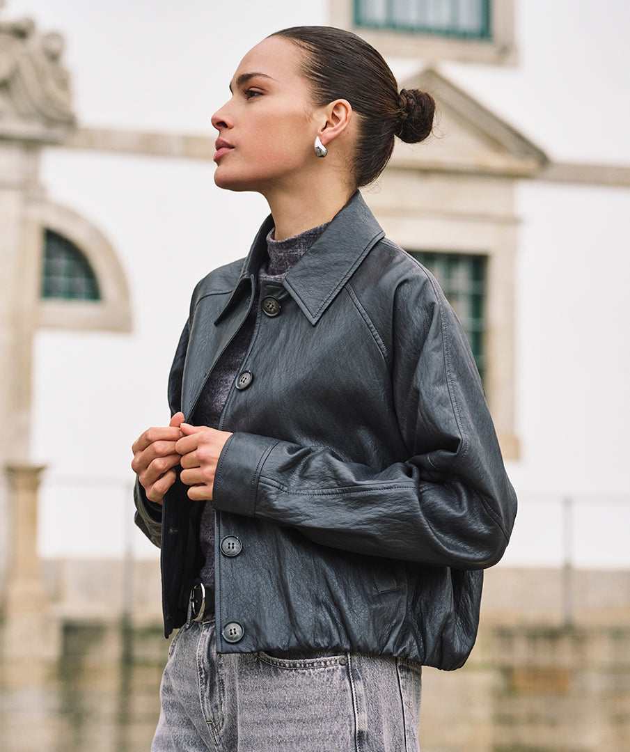 EsQualo Balloon PU Crinkle Jacket, Dark Grey