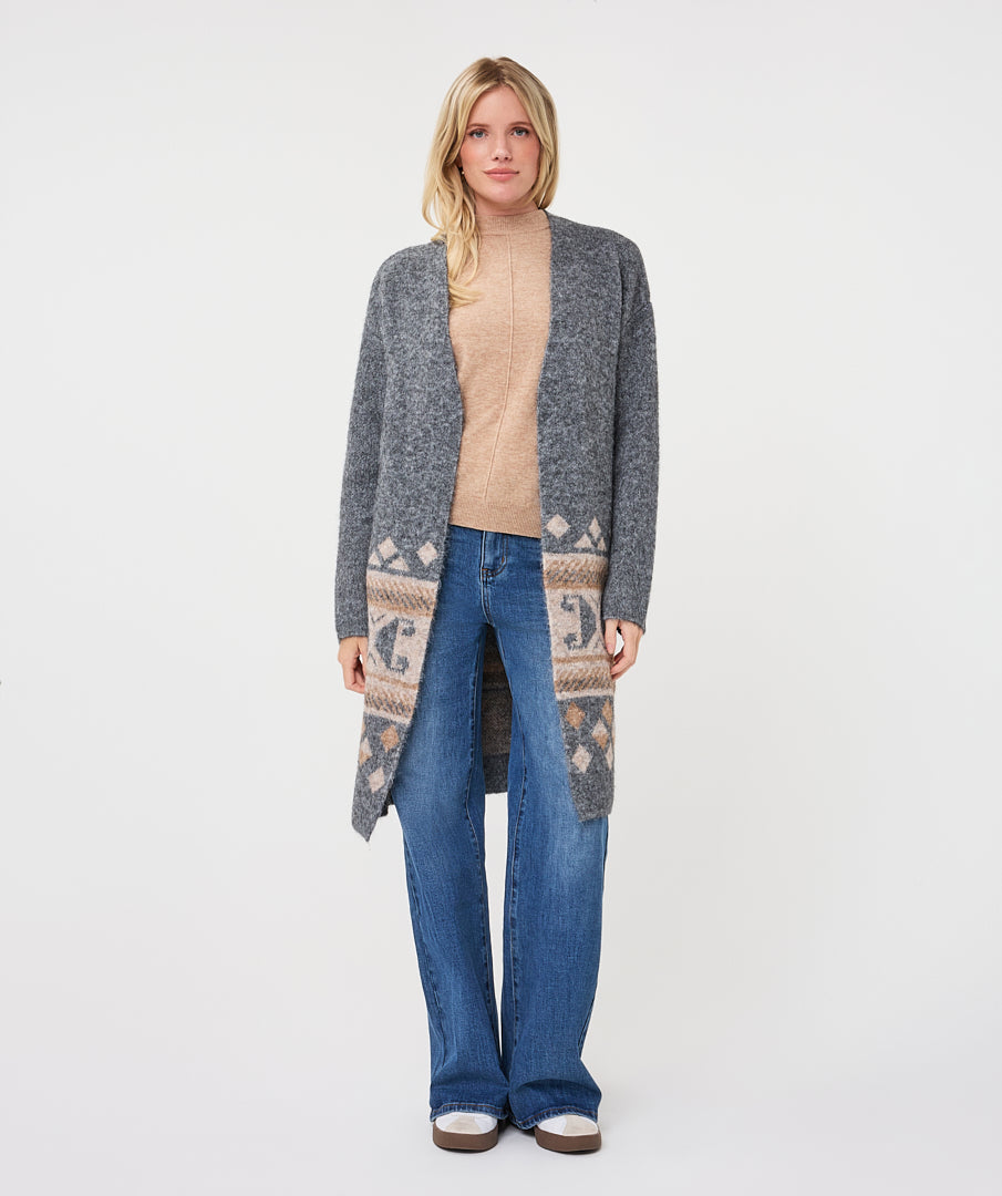 EsQualo Intarsia Pattern Long Cardigan, Grey