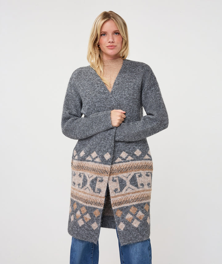 EsQualo Intarsia Pattern Long Cardigan, Grey