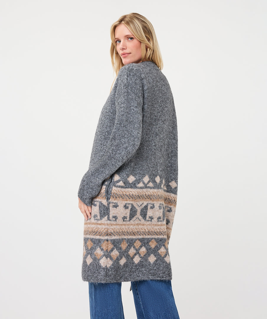EsQualo Intarsia Pattern Long Cardigan, Grey