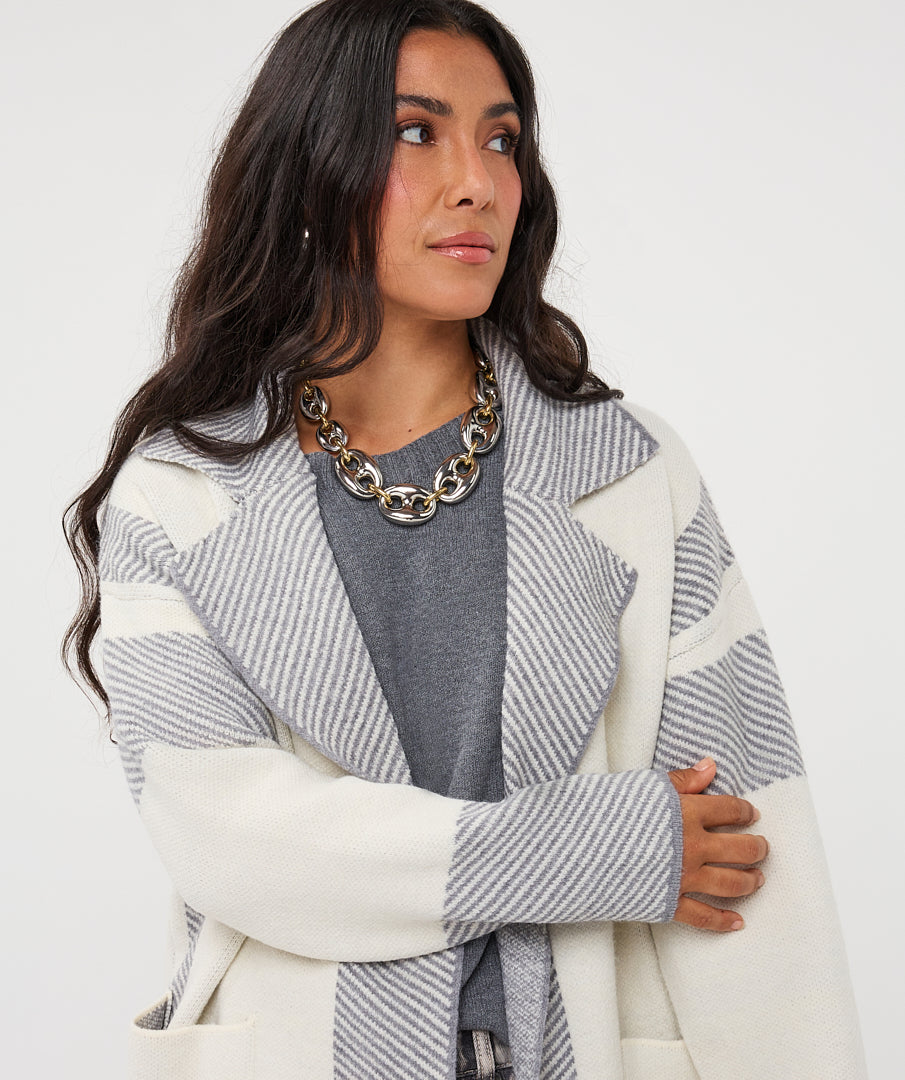EsQualo Striped Long Cardigan, Grey