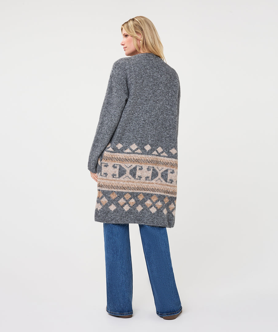 EsQualo Intarsia Pattern Long Cardigan, Grey