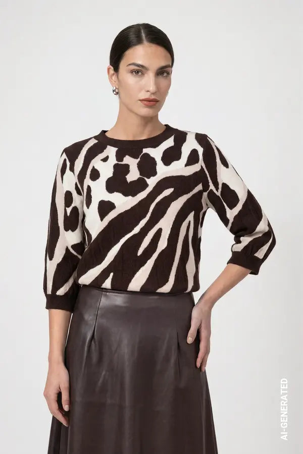 Monari Knitted Jumper with Leopard-Tiger Pattern, Black Coffee