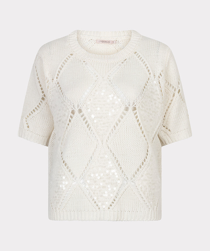 EsQualo Ecru Sweater Ajour Diamond Sequins