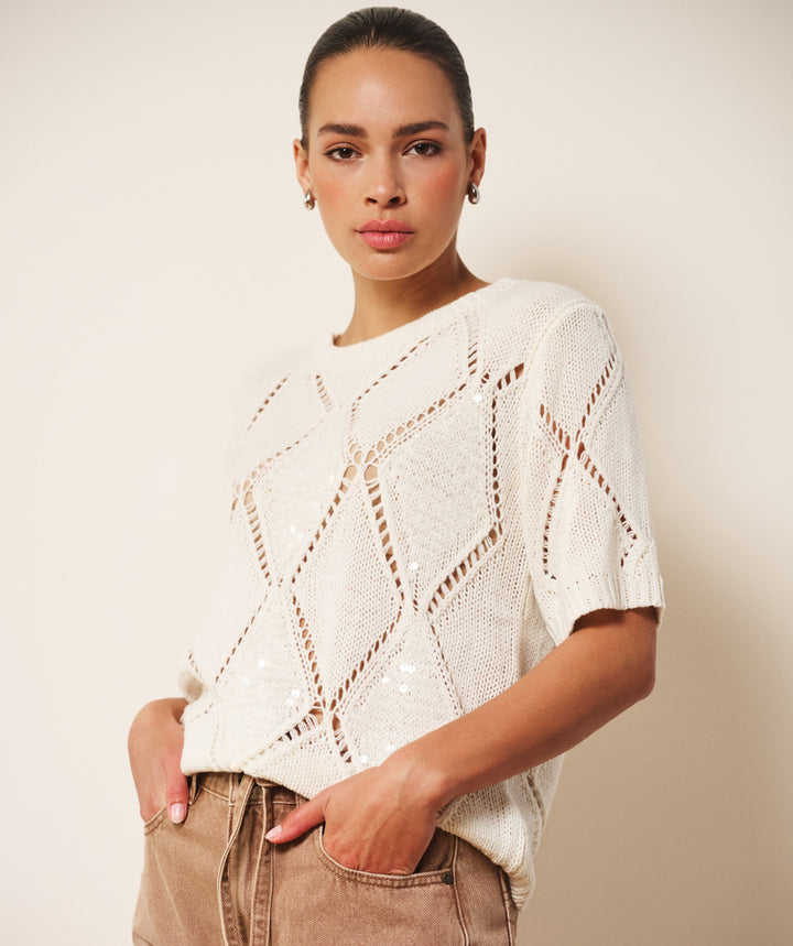 EsQualo Ecru Sweater Ajour Diamond Sequins