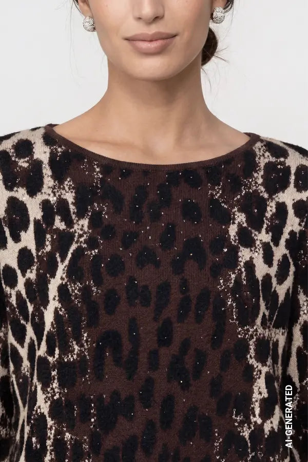 Monari Knitted Jumper with Leopard Jacquard Pattern, Black Coffee