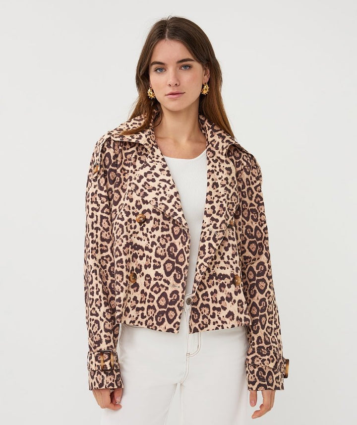 EsQualo Leopard Print Short Trench Coat