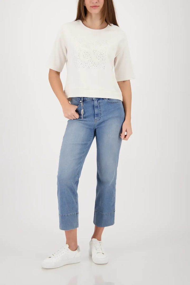 Monari Beige Rhinestone Short Sleeve Sweatshirt