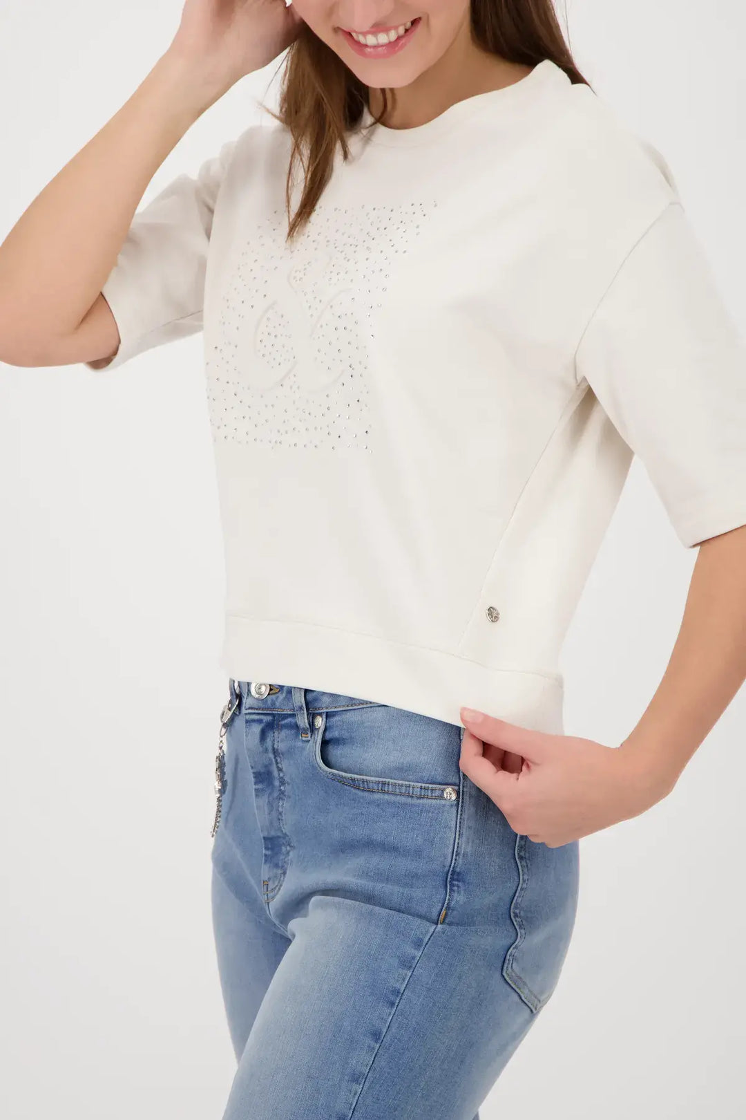 Monari Beige Rhinestone Short Sleeve Sweatshirt
