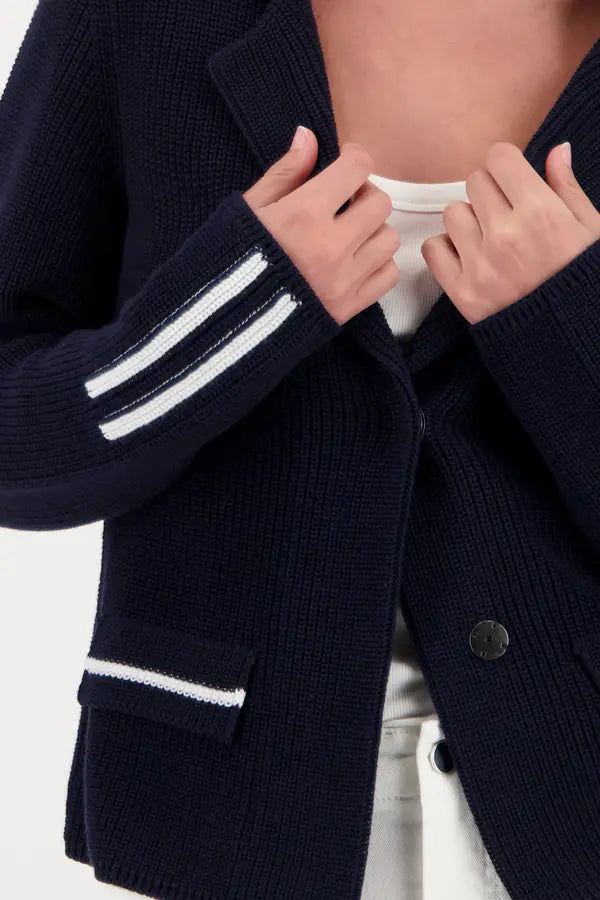 Monari Navy Knitted Blazer With Stripe Details