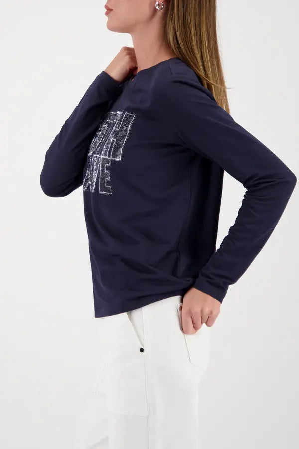 Monari Navy Long-Sleeve Top With "5th Ave" Print
