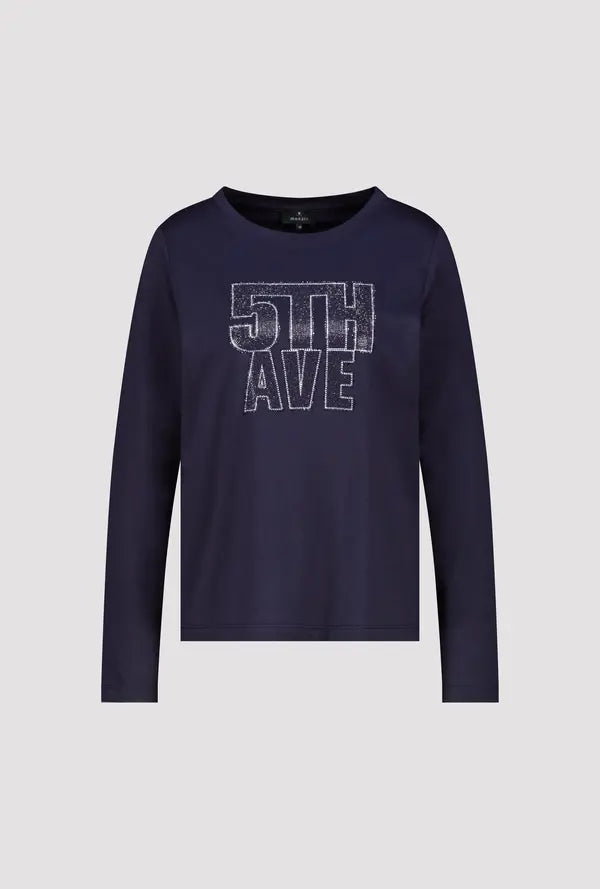 Monari Navy Long-Sleeve Top With "5th Ave" Print