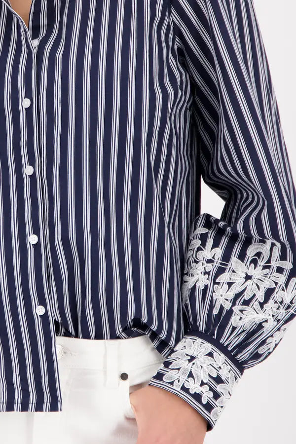 Monari Navy Striped Blouse With Lace