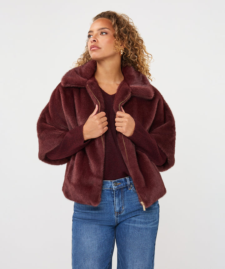 EsQualo Poncho Faux Fur Coat, Merlot