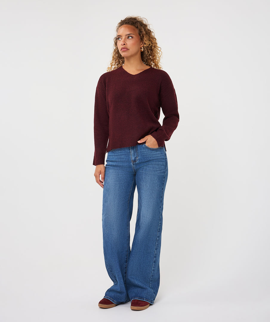 EsQualo Cable Knit V-Neck, Merlot