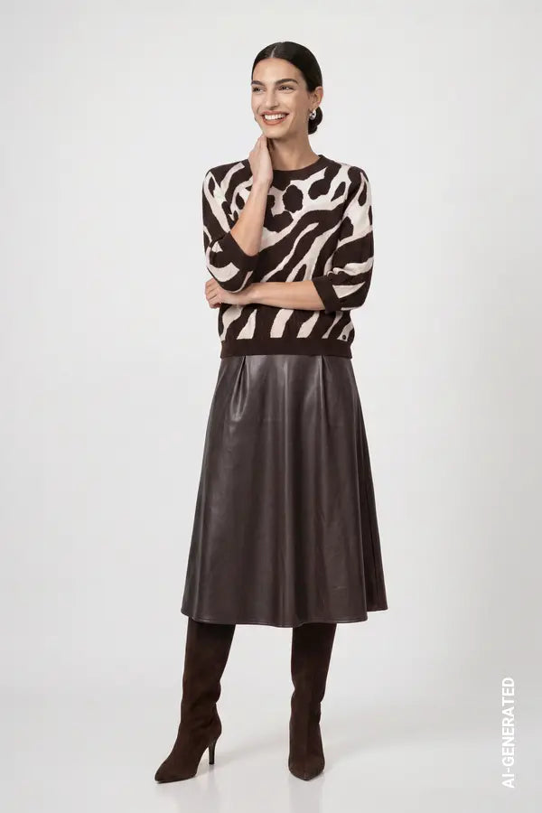 Monari Knitted Jumper with Leopard-Tiger Pattern, Black Coffee