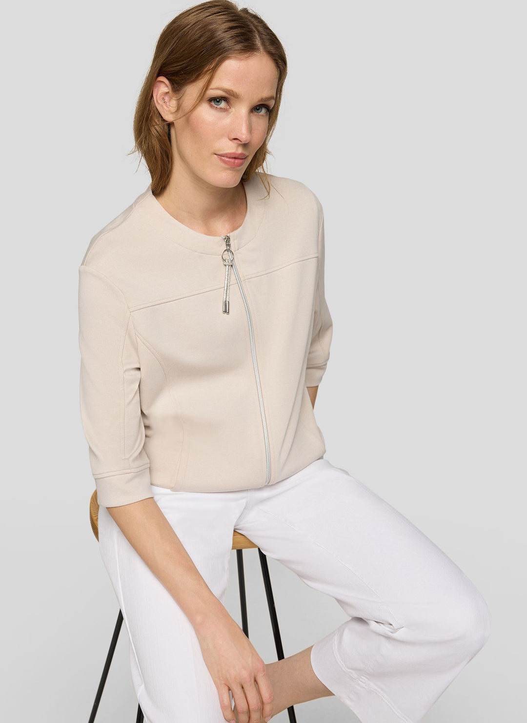 Rabe Beige Zipped 3/4 Sleeve Sweat Jacket