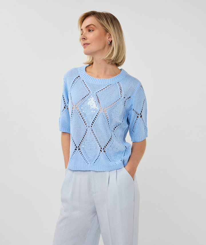 EsQualo Blue Sweater Ajour Diamond Sequins
