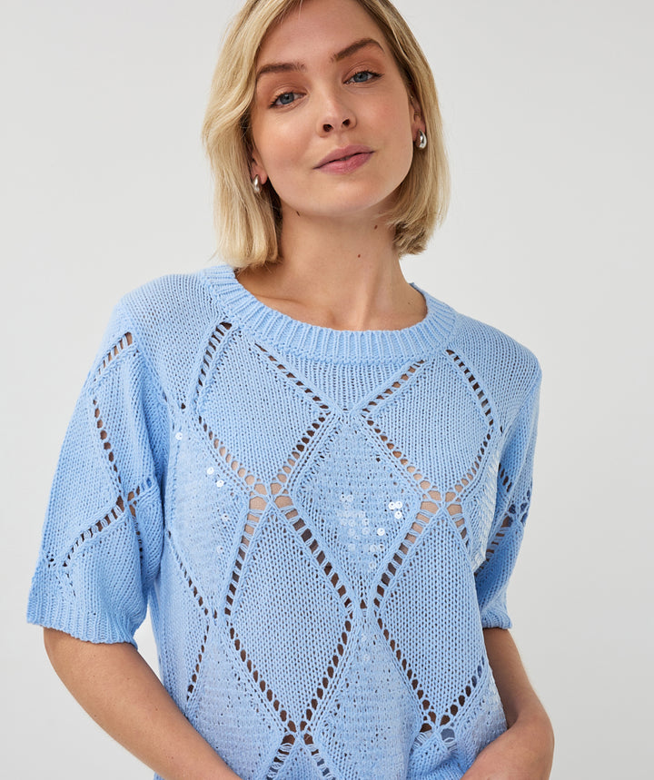 EsQualo Blue Sweater Ajour Diamond Sequins