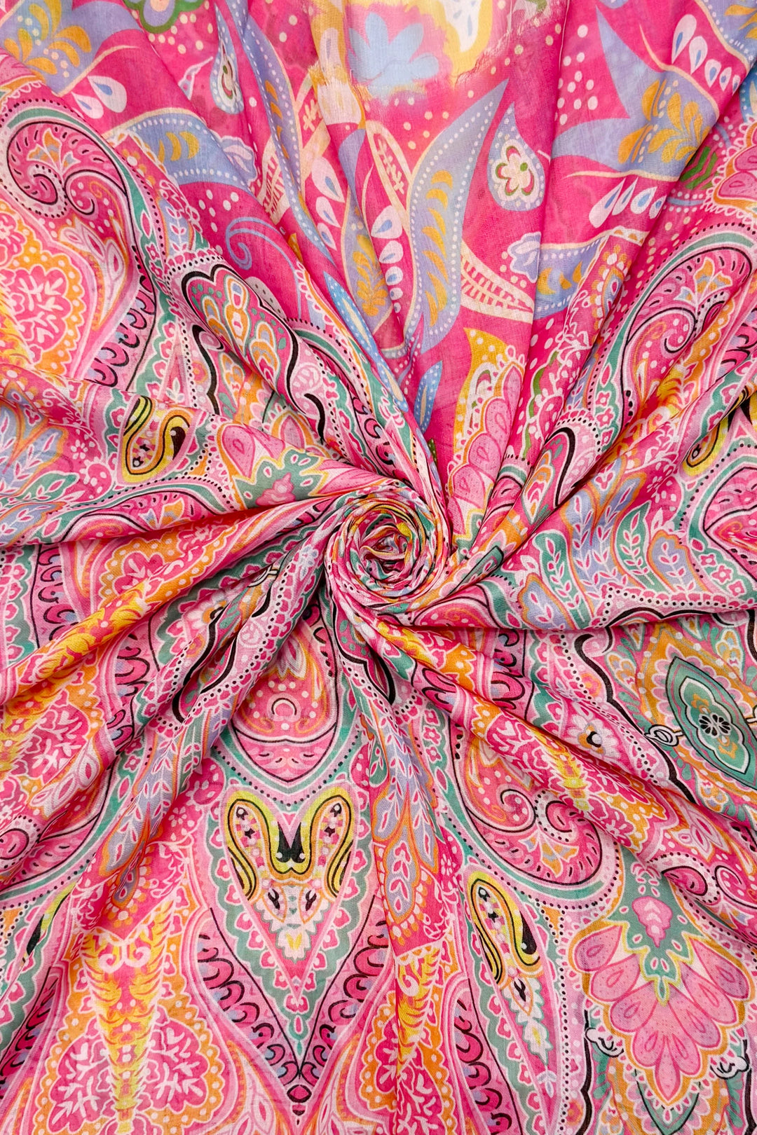 Pink Playful Bohemian Paisley Print Frayed Scarf