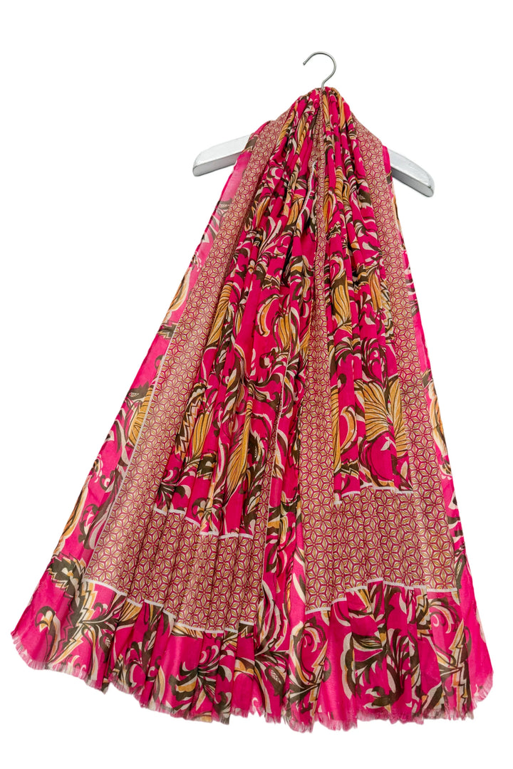 Pink Indian Inspired Leaf Print Frayed Scarf