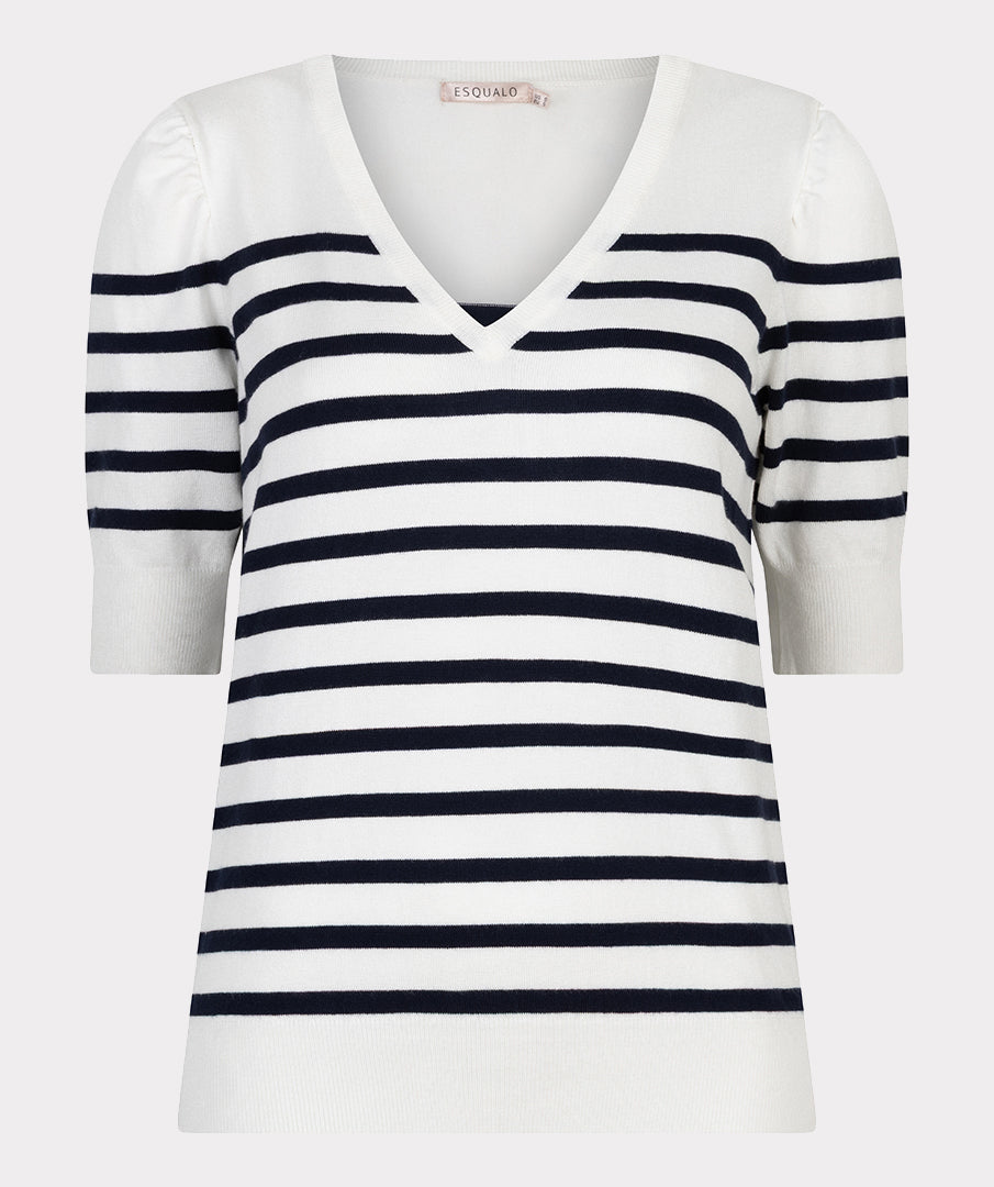 EsQualo Off White & Navy Short Sleeve Striped Knitted Sweater