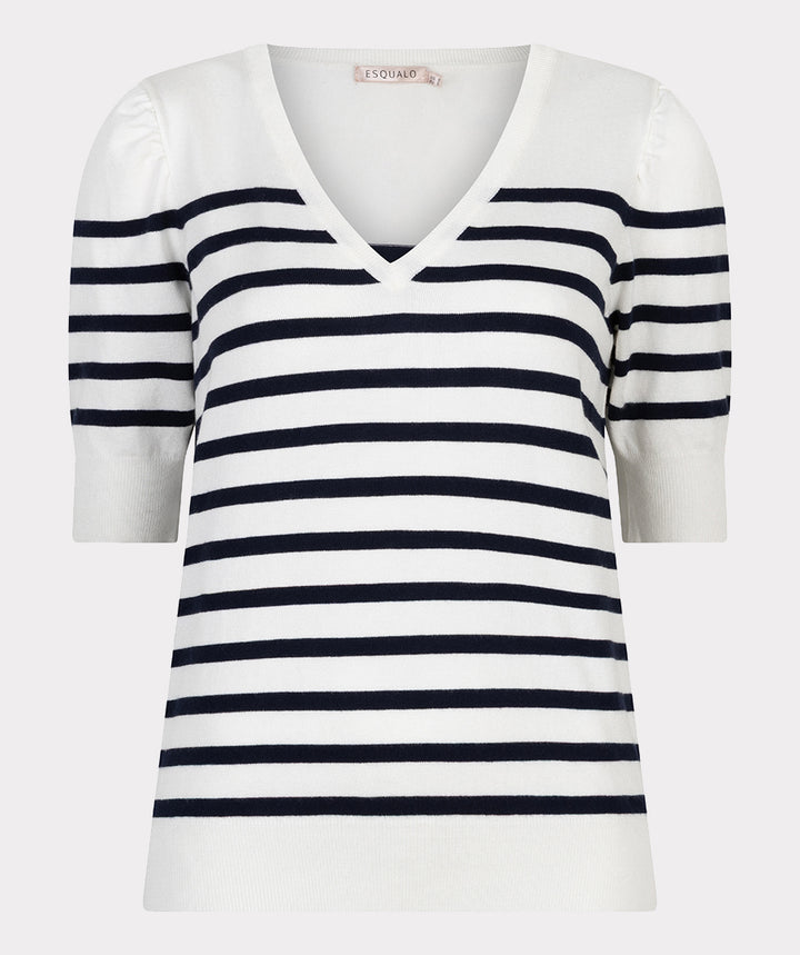 EsQualo Off White & Navy Short Sleeve Striped Knitted Sweater