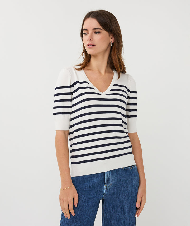 EsQualo Off White & Navy Short Sleeve Striped Knitted Sweater