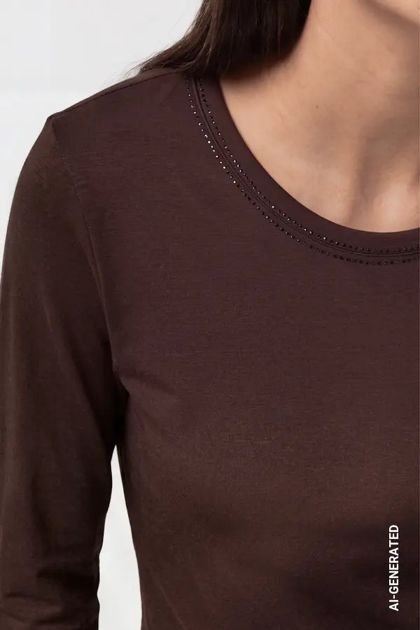 Monari Long Sleeve Top with Rhinestone Details, Black Coffee