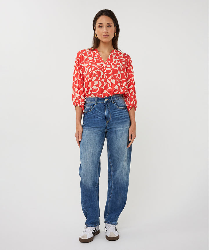 EsQualo Geometric Print V-Neck Blouse