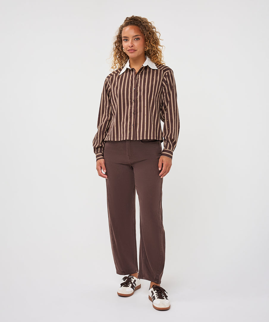 EsQualo Short Stripe Studs Shirt, Brown