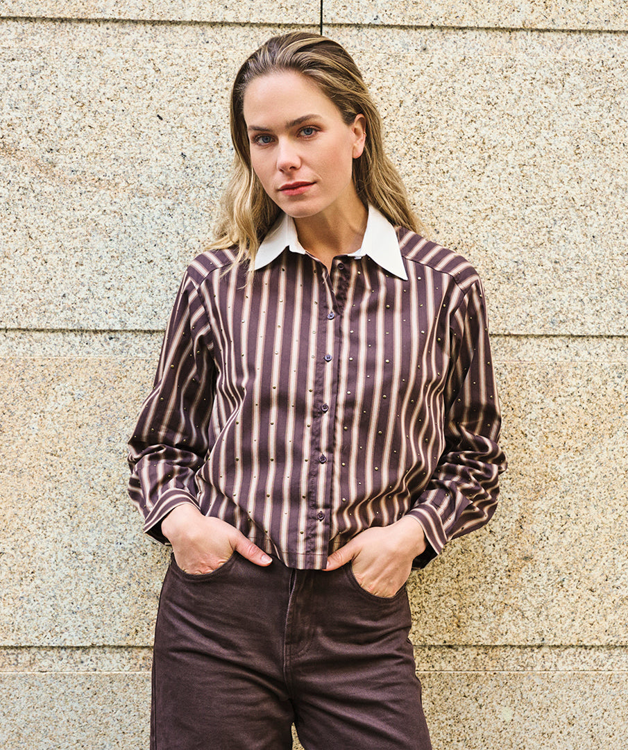 EsQualo Short Stripe Studs Shirt, Brown