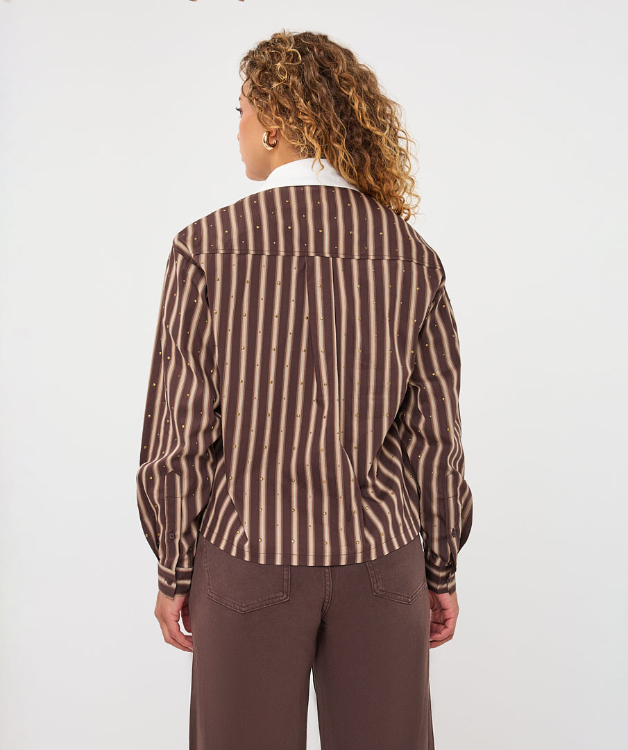 EsQualo Short Stripe Studs Shirt, Brown