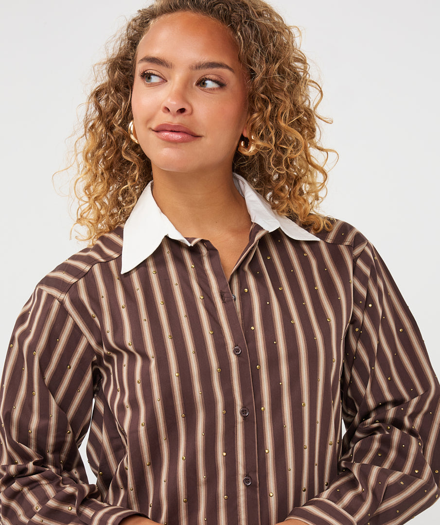 EsQualo Short Stripe Studs Shirt, Brown