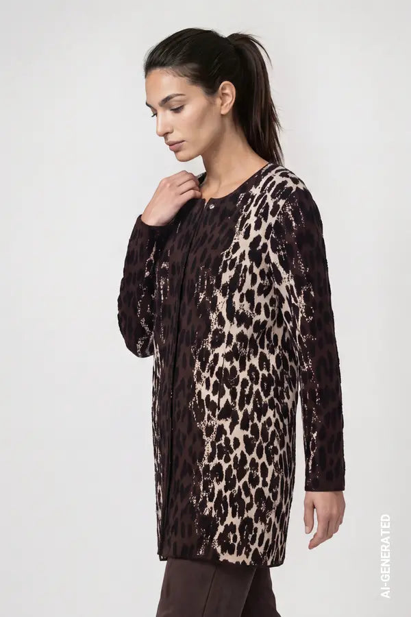 Monari Cardigan with Leopard Jacquard Pattern, Black Coffee