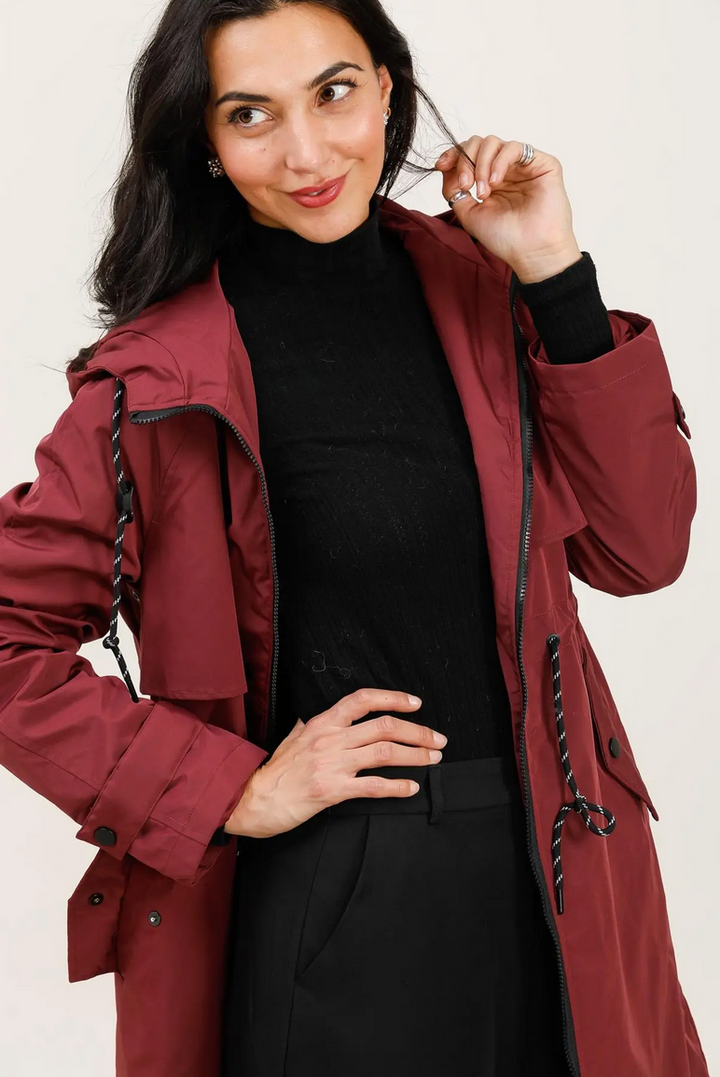 Long Burgundy Waterproof Parka with Hood