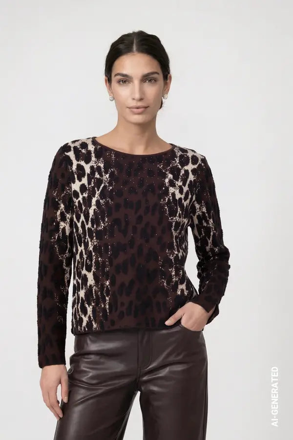 Monari Knitted Jumper with Leopard Jacquard Pattern, Black Coffee