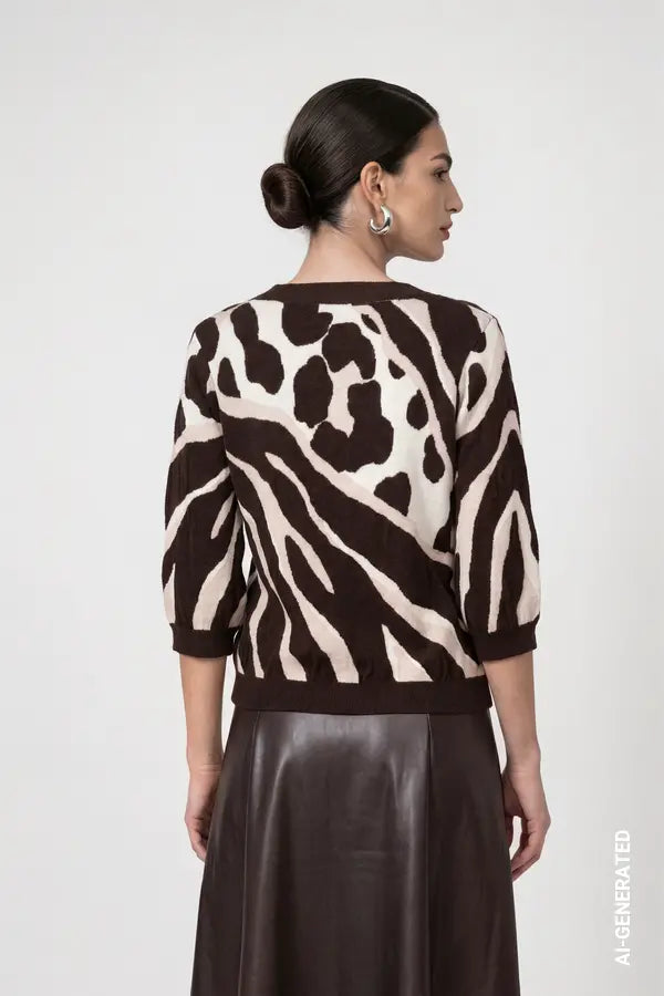 Monari Knitted Jumper with Leopard-Tiger Pattern, Black Coffee
