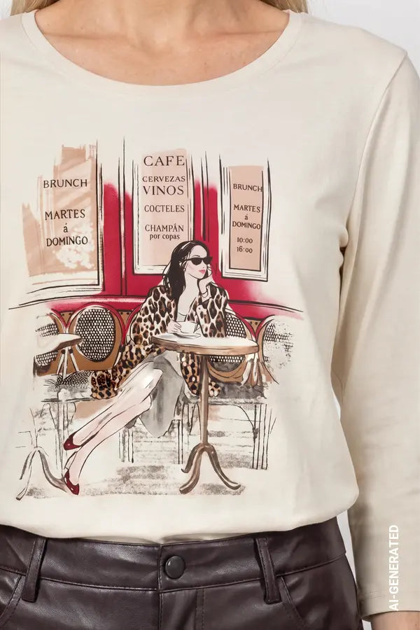 Monari Top with Cafe Vino Print, Antique White