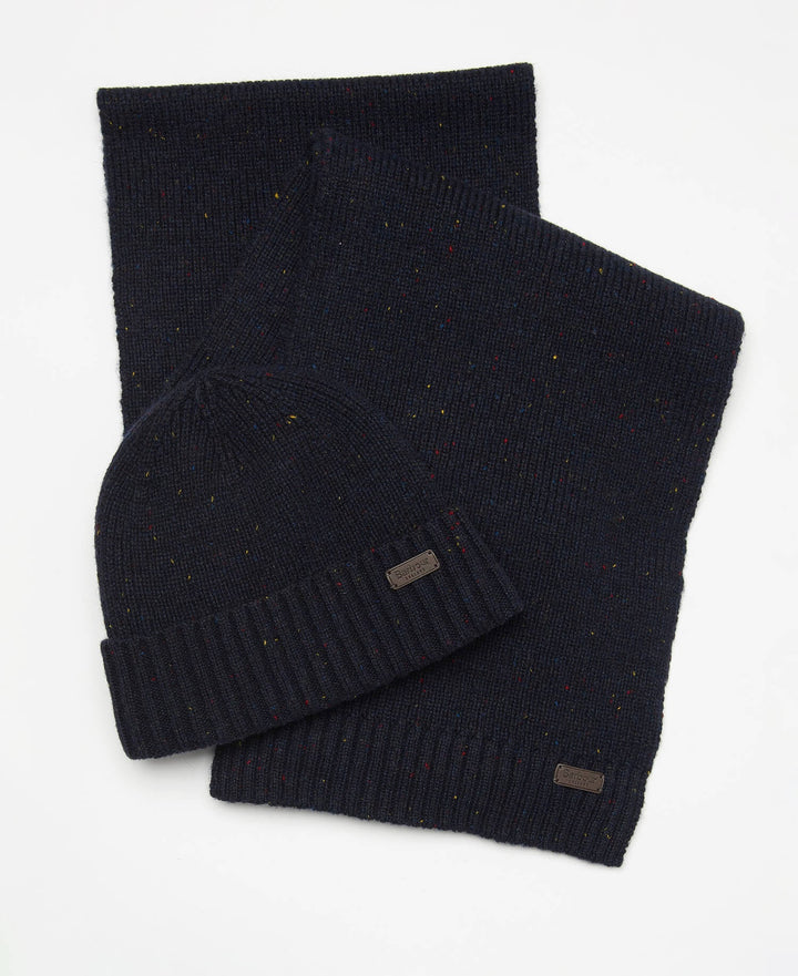 Barbour Carlton Fleck Beanie and Scarf Gift Set, Navy