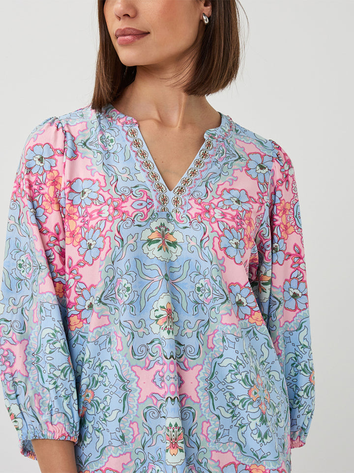 EsQualo Multi Print V-Neck Top