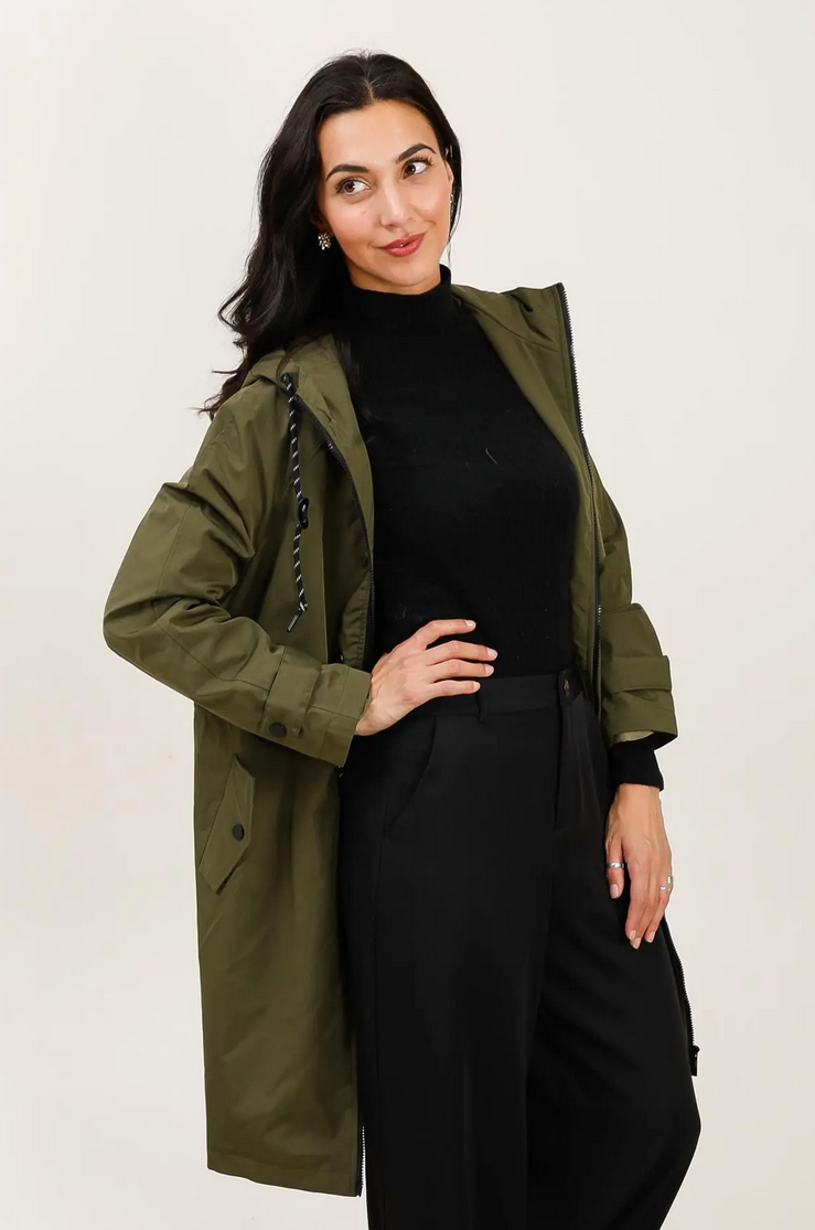 Long Khaki Waterproof Parka with Hood