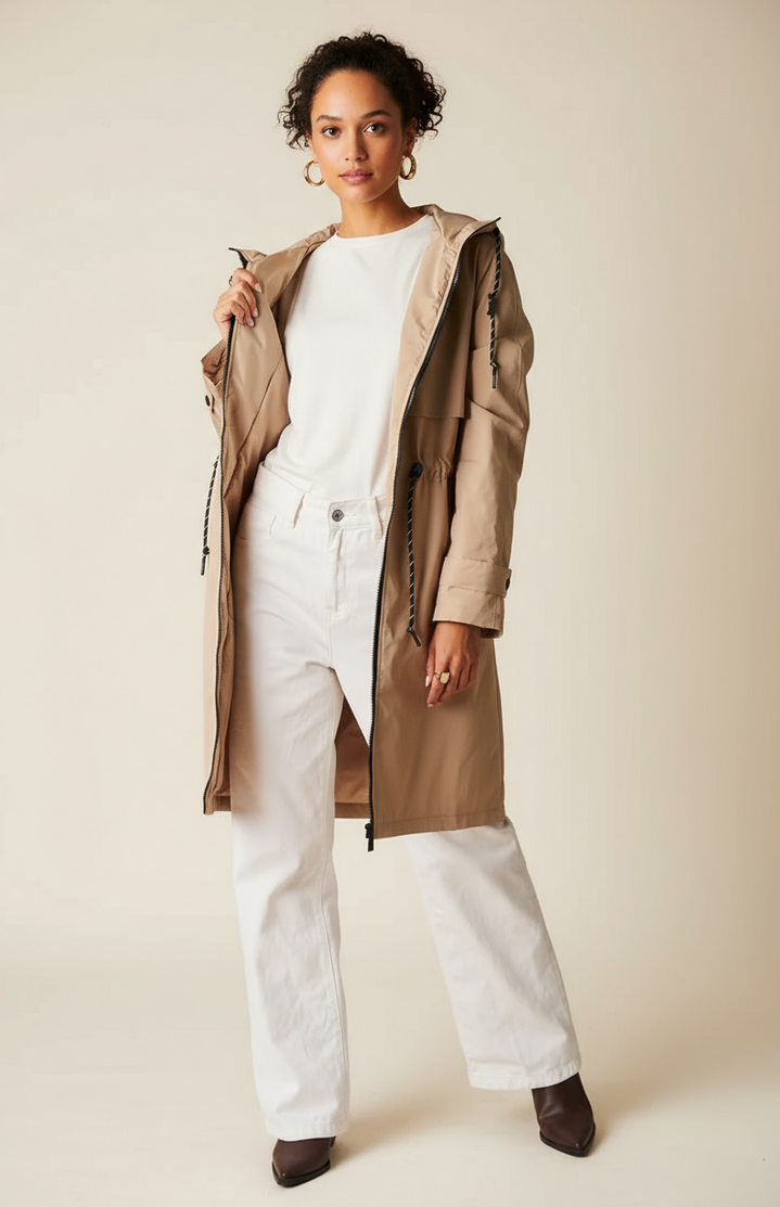 Long Beige Waterproof Parka with Hood
