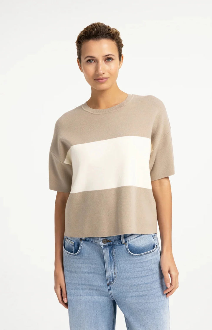 YAYA Knitted Top with Block Stripes & Short Sleeves, Grey