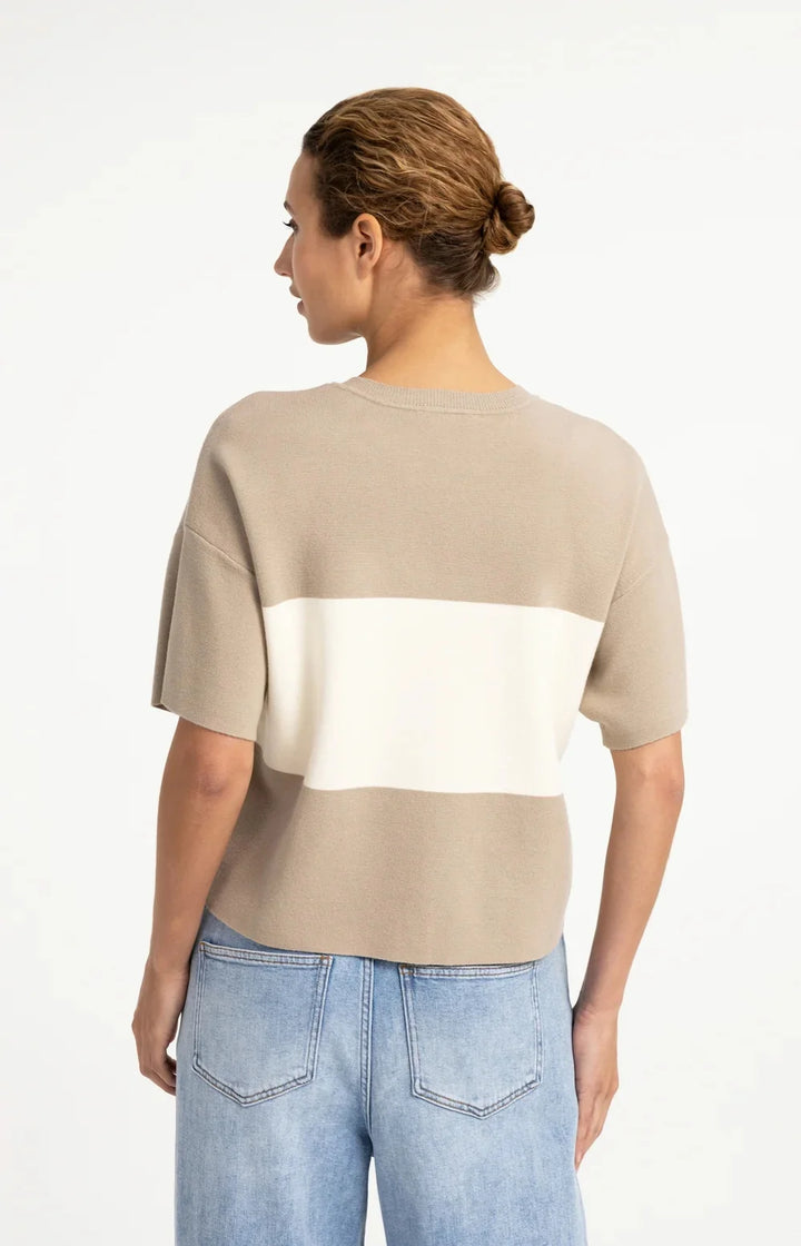 YAYA Knitted Top with Block Stripes & Short Sleeves, Grey