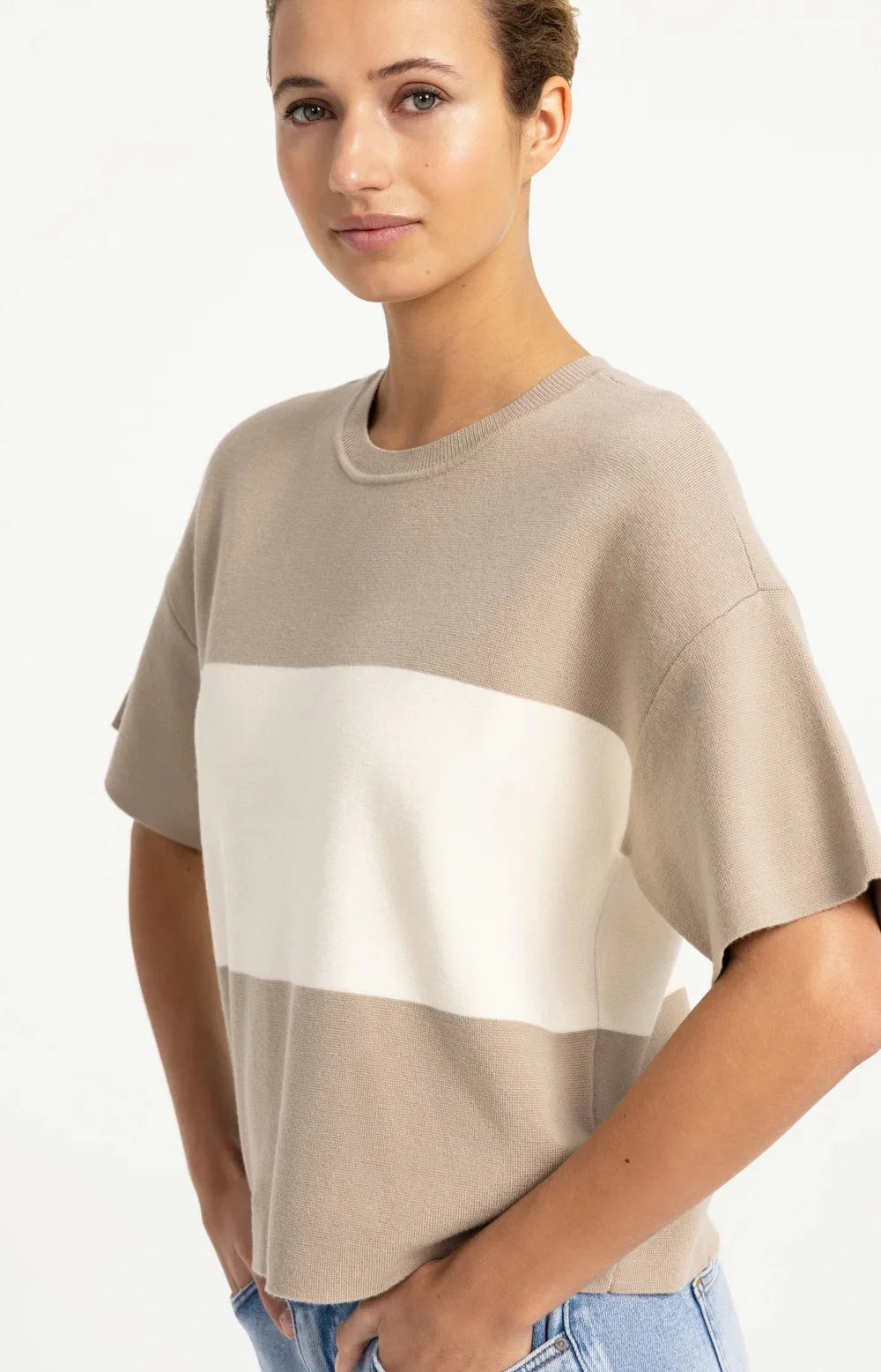 YAYA Knitted Top with Block Stripes & Short Sleeves, Grey
