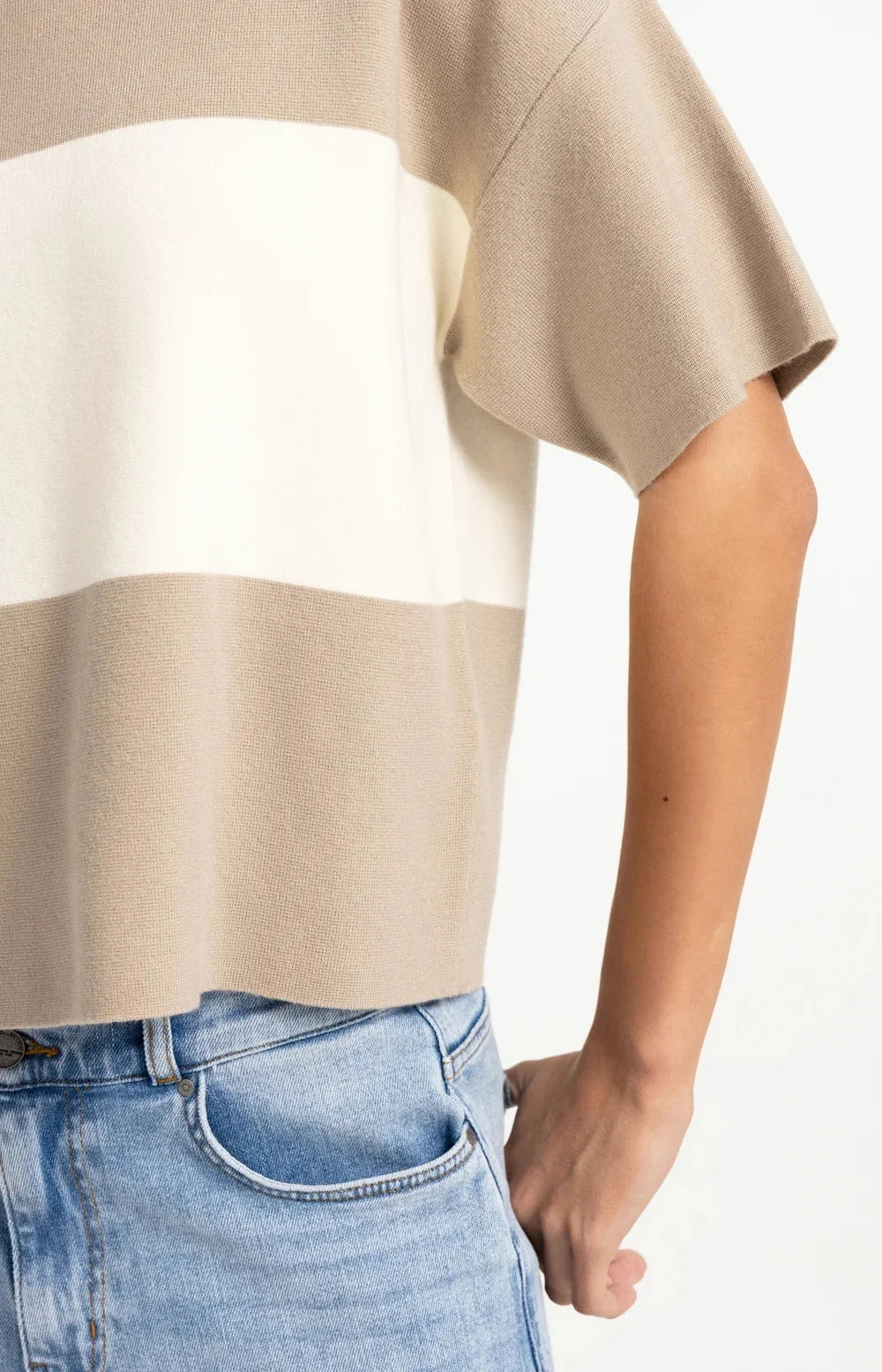 YAYA Knitted Top with Block Stripes & Short Sleeves, Grey