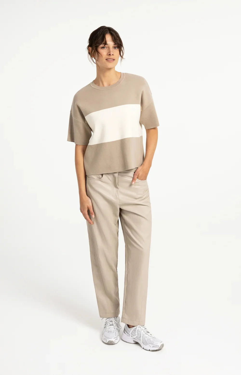 YAYA Knitted Top with Block Stripes & Short Sleeves, Grey