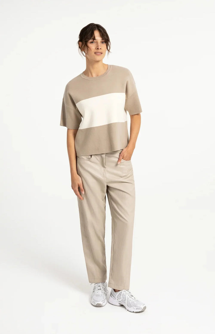 YAYA Knitted Top with Block Stripes & Short Sleeves, Grey