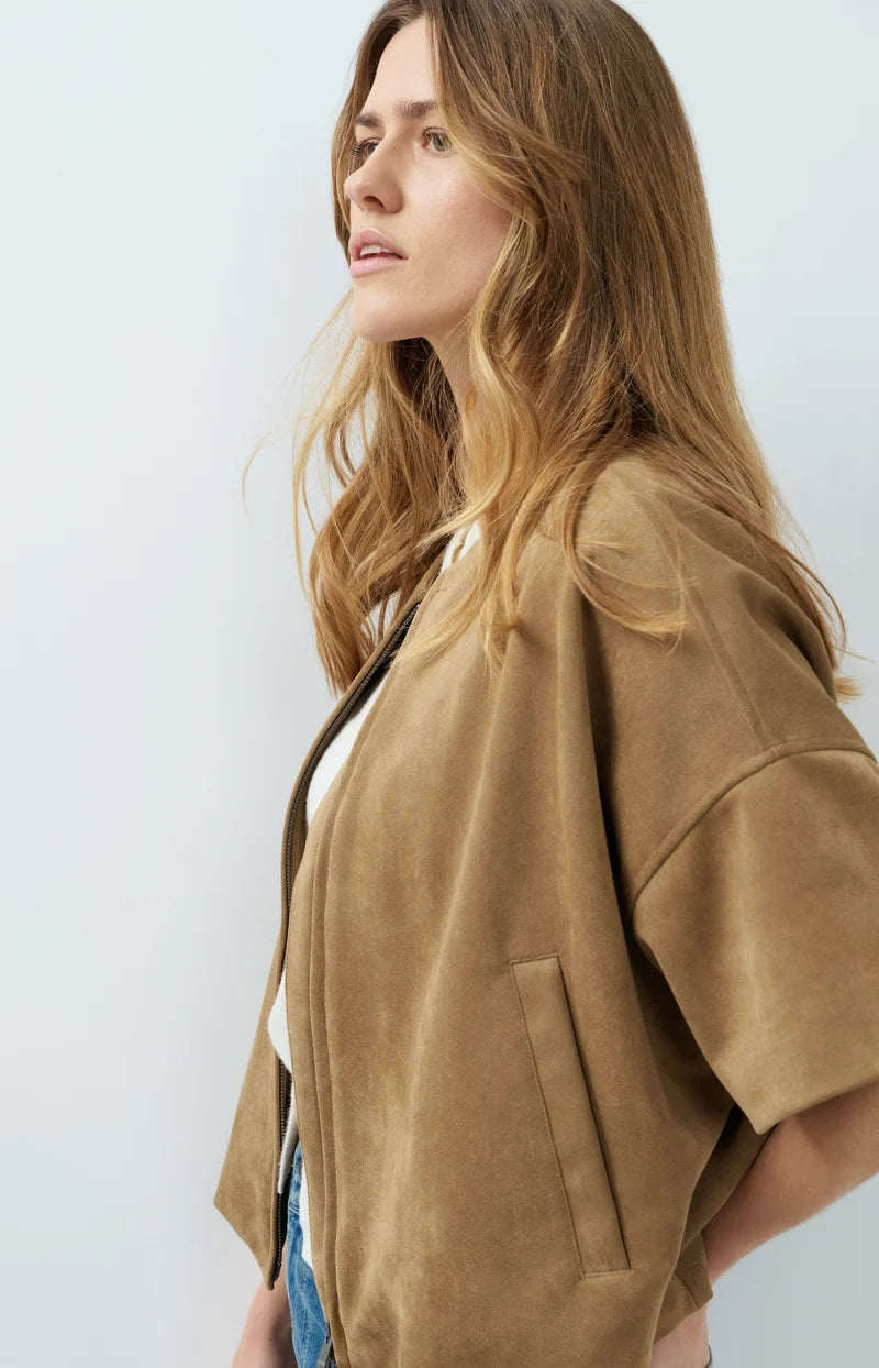 YAYA Oversized Suedine Jacket with Short Sleeves, Brown